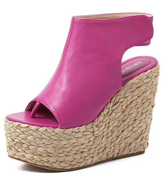 Pink Fushia Peeptoe Braided Straw Knitted Slingback Platforms Wedges Sandals Shoes