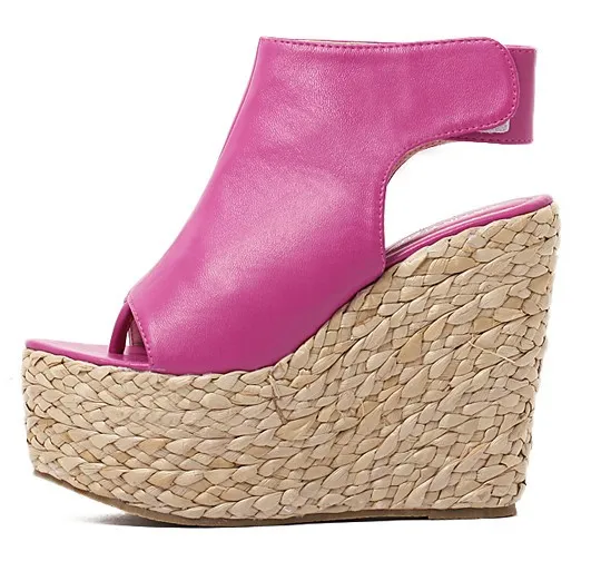 Pink Fushia Peeptoe Braided Straw Knitted Slingback Platforms Wedges Sandals Shoes