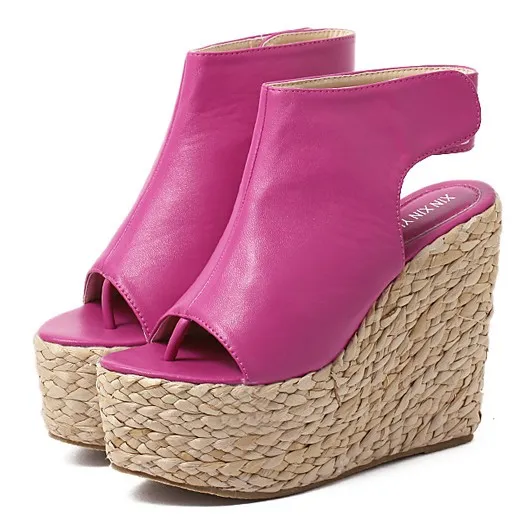 Pink Fushia Peeptoe Braided Straw Knitted Slingback Platforms Wedges Sandals Shoes