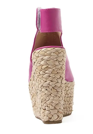 Pink Fushia Peeptoe Braided Straw Knitted Slingback Platforms Wedges Sandals Shoes