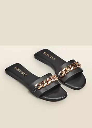 Sosandar Paradiso Black Chain Detail Flat Leather Mule Sandals | Kaleidoscope